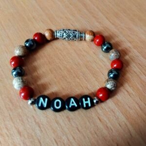 Bracelet prénom personnalisé en hématite, en jaspe rouge et en jaspe paysage