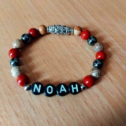 Bracelet prénom personnalisé en hématite, en jaspe rouge et en jaspe paysage
