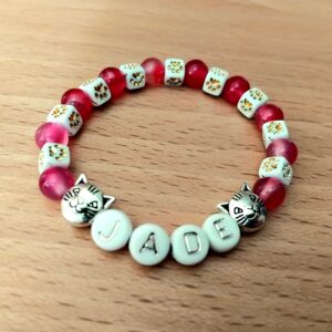 bracelet prénom personnalisé chat agate rose