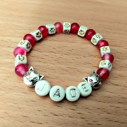 bracelet prénom personnalisé chat agate rose