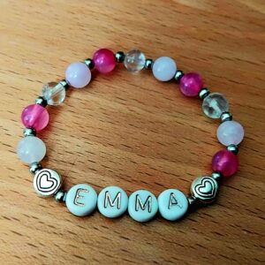 Bracelet prénom coeur quartz rose cristal de roche et agate rose